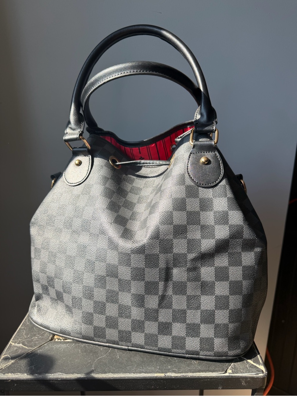 Black Check Drawstring Tote Handbag - Picture 2 of 4